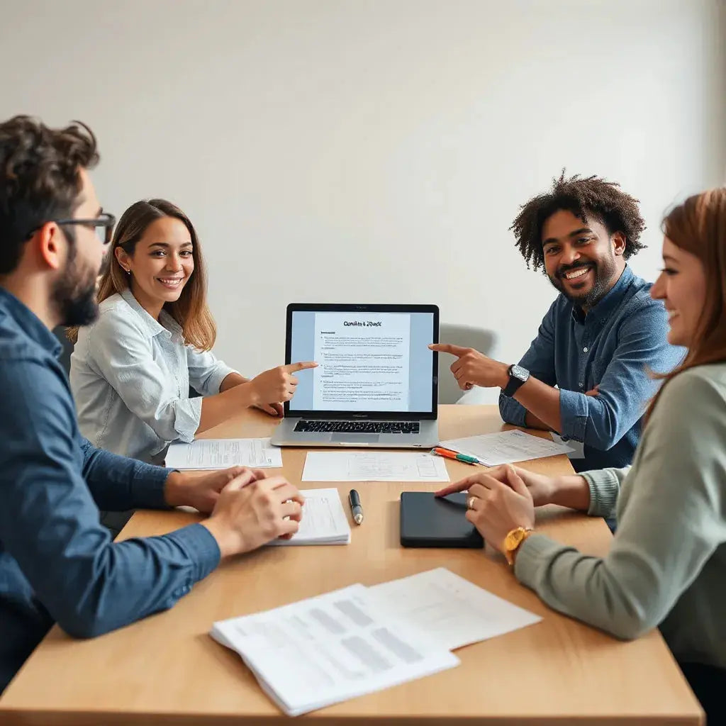 Diverse team collaborating around a table with worksheets and a laptop during a workshop discussion