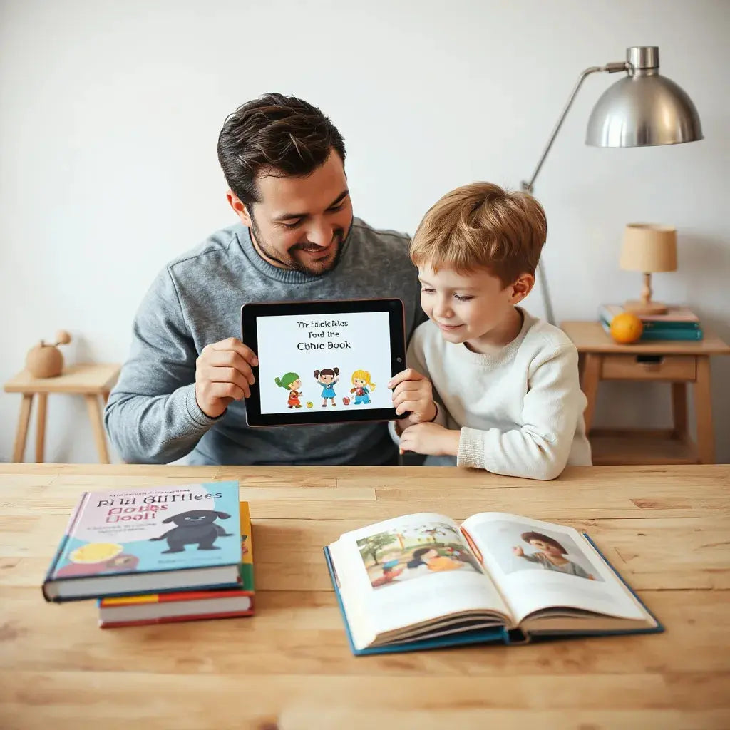 Parent and child reading age-suited ebooks on a tablet at a cozy table