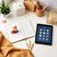 Cozy desk with a fox figurine and a tablet displaying colorful educational icons