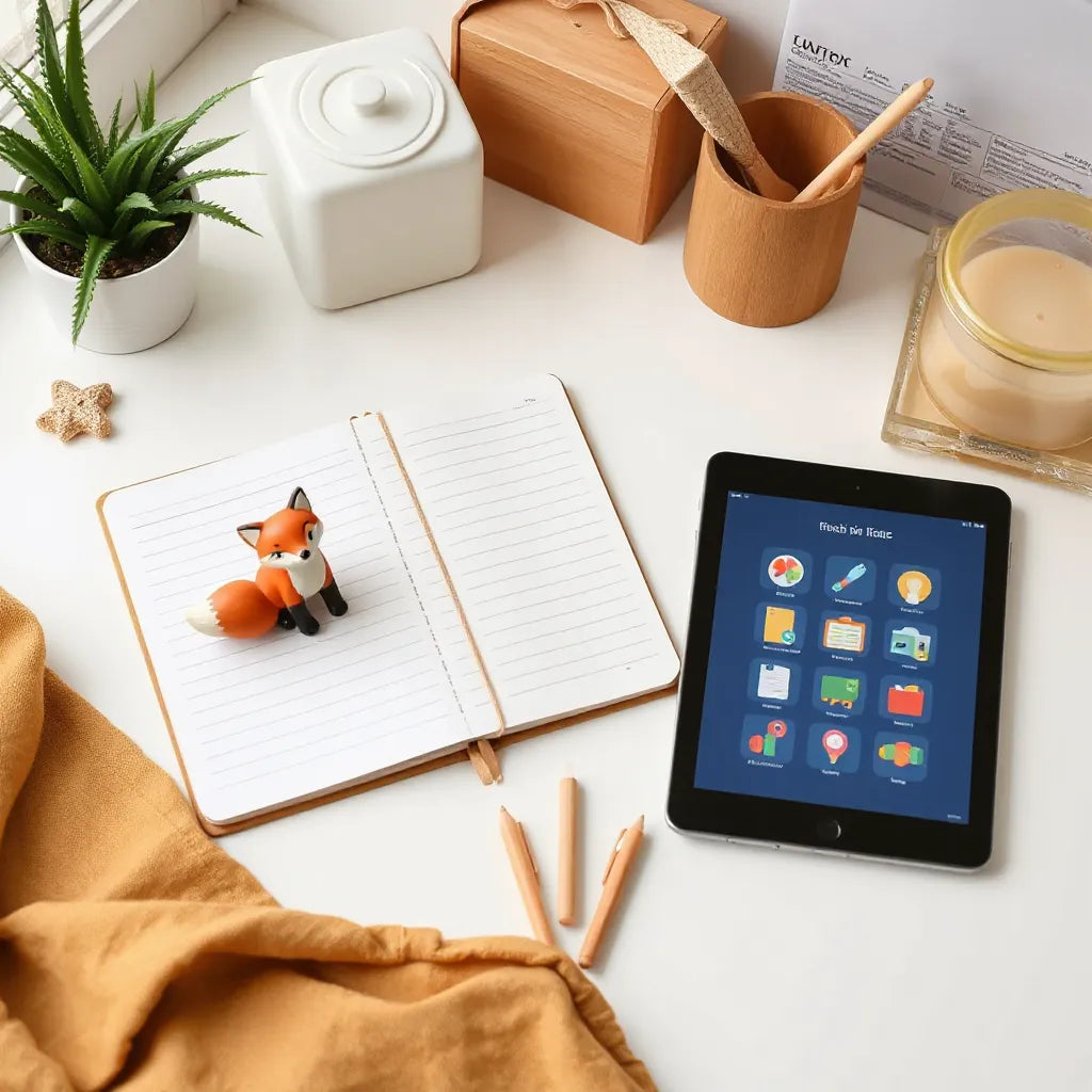 Cozy desk with a fox figurine and a tablet displaying colorful educational icons