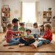 Children gathered around an illustrated book with an adult in a cozy living room