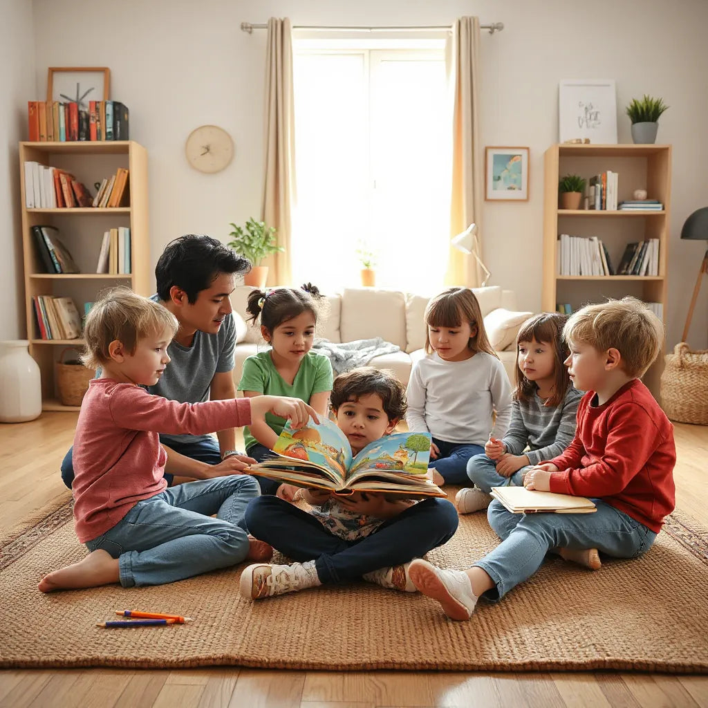 Children gathered around an illustrated book with an adult in a cozy living room