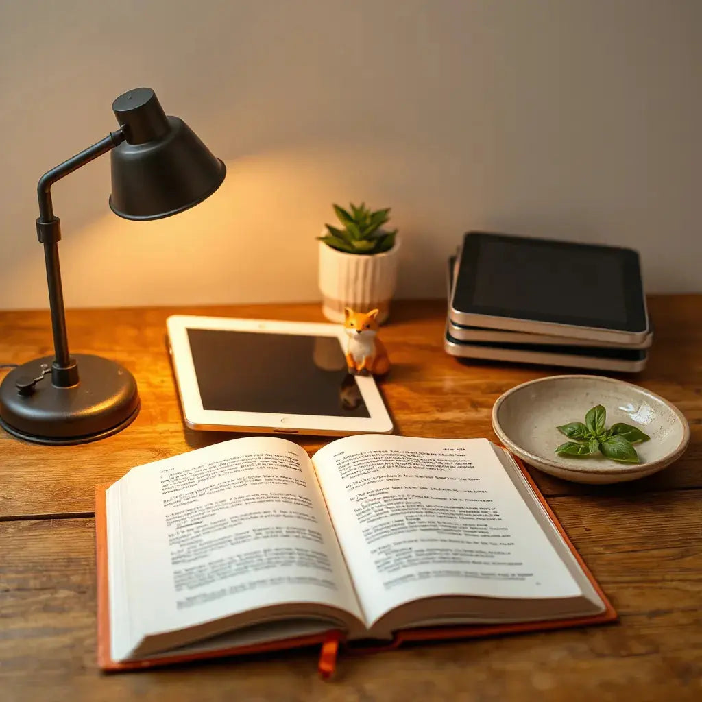 Cozy reading scene with an open book, e-book devices, and a small fox-themed bookmark on a wooden desk.