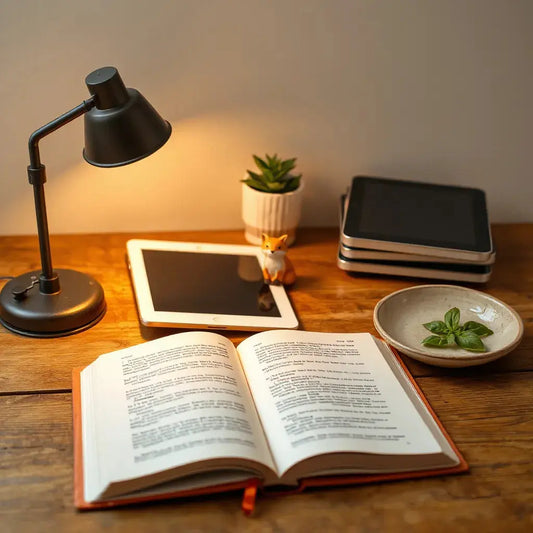 Cozy reading scene with an open book, e-book devices, and a small fox-themed bookmark on a wooden desk.