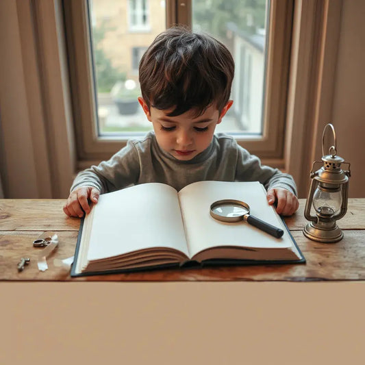 Child reading a mystery book with a magnifying glass and small clues on a table