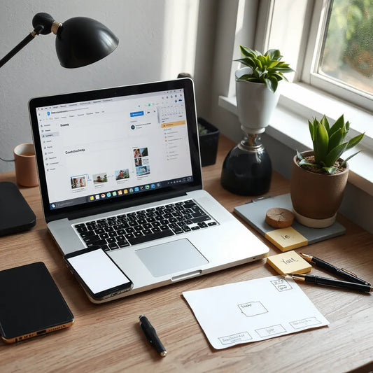 Clean marketing workspace with laptop workflow planning and editing tools to boost content efficiency