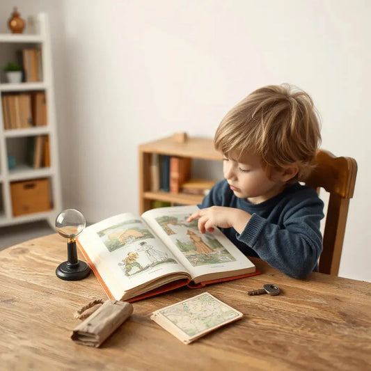 Child reading an illustrated mystery book with a magnifying glass and small clue items on a desk
