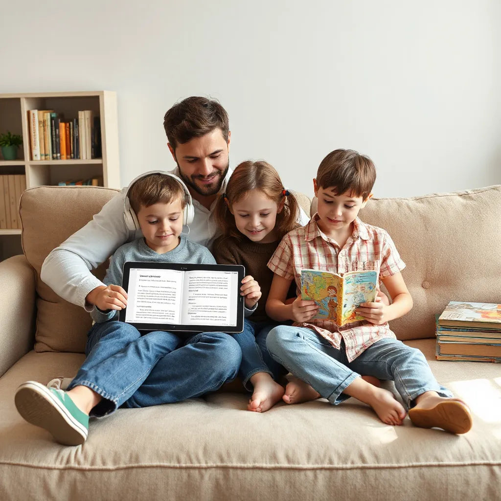 Family reading together on a tablet with comfortable, large-access content and headphones