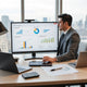 CFO reviewing financial dashboards for e-commerce on a modern office desk and monitor