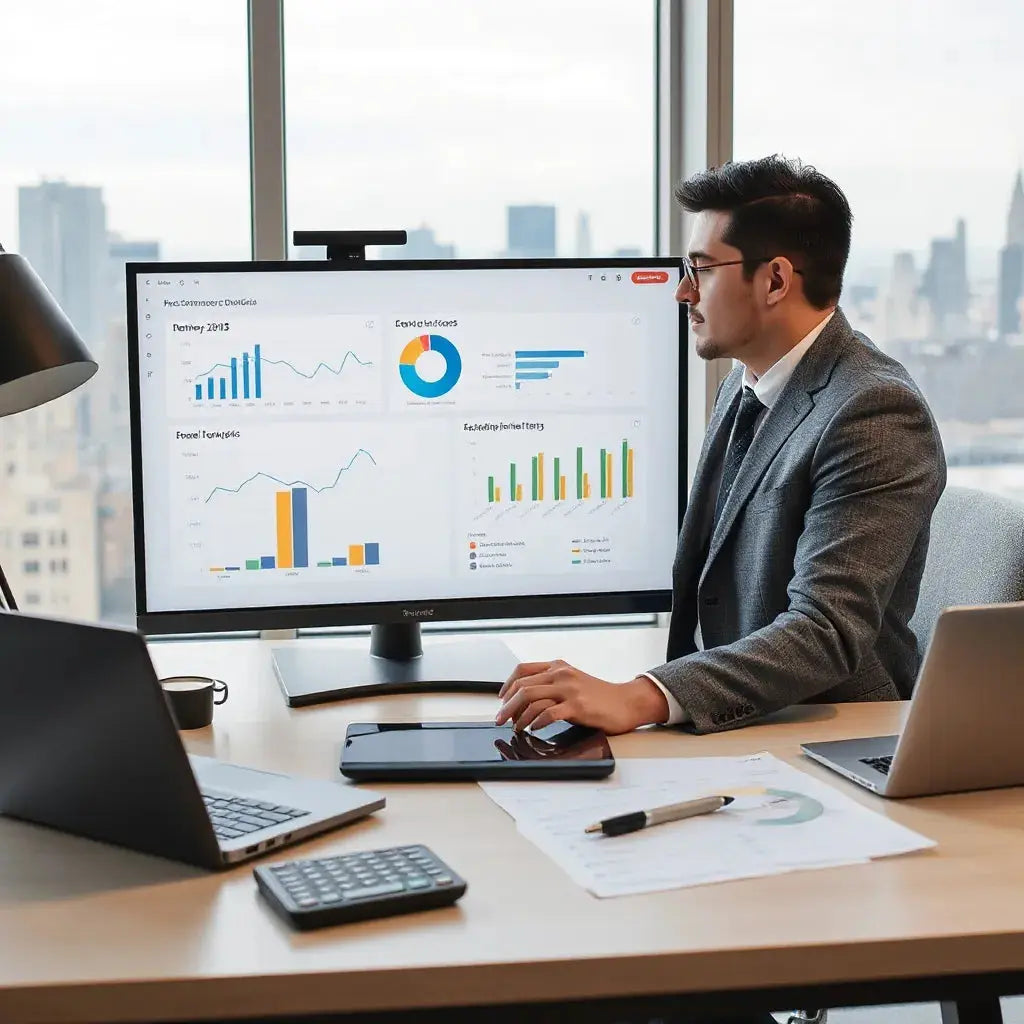 CFO reviewing financial dashboards for e-commerce on a modern office desk and monitor