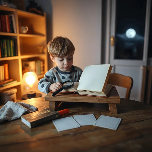 Child reading a mystery book with a magnifying glass and flashlight in a cozy, moonlit room