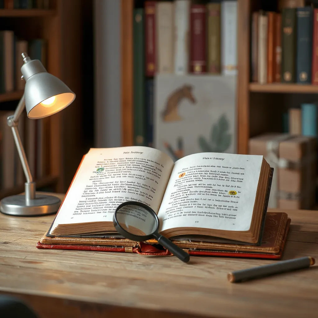 Open children’s mystery e-book with a magnifying glass on a cozy desk