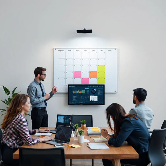 Team reviewing a three-phase AI rollout roadmap with a laptop analytics dashboard