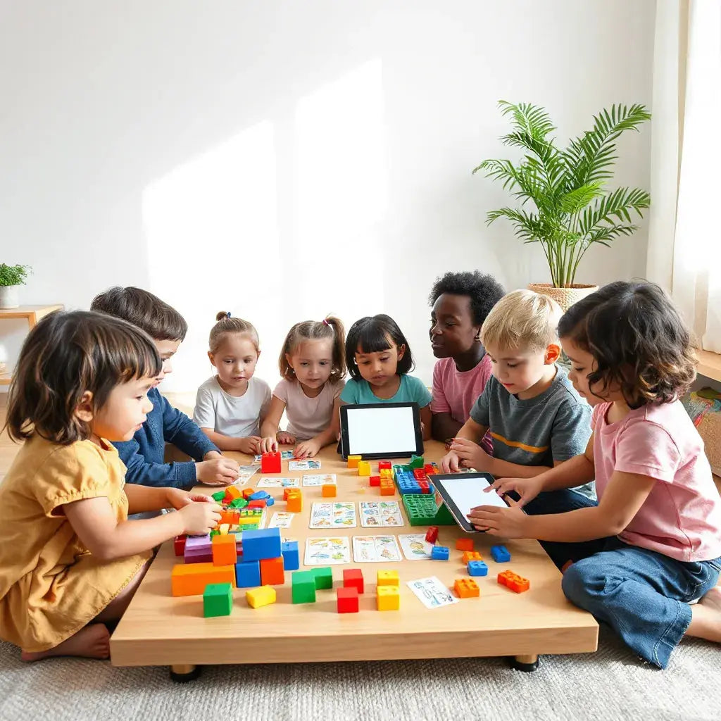 Children using interactive learning activities with a tablet, cards, and building blocks at a table