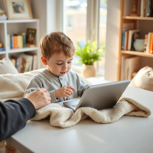 Child reading an early reader story on a tablet at a cozy table with a parent nearby